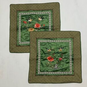 Green Pillow Cover Set with Birds and Flowers Embroidery